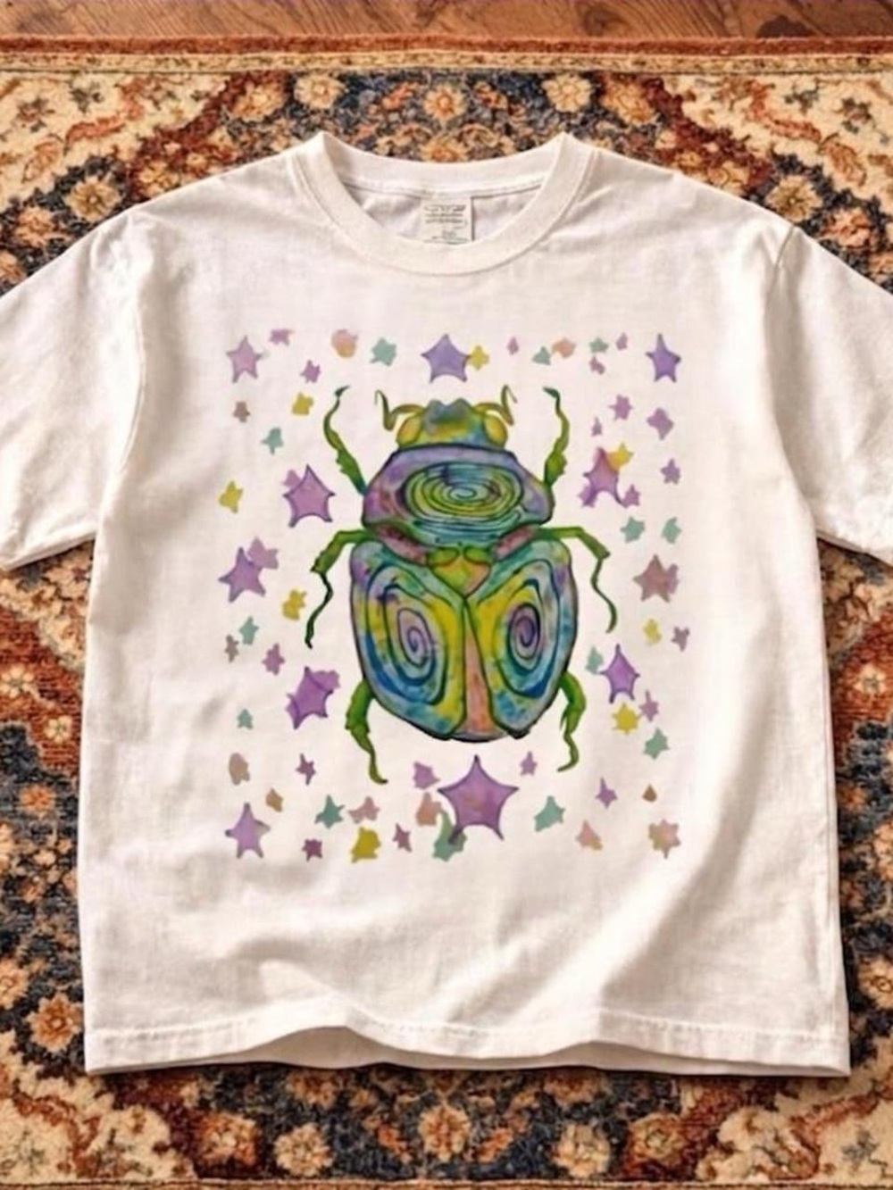 Gildan White Tee with Multicolor Beetle and Star Graphic